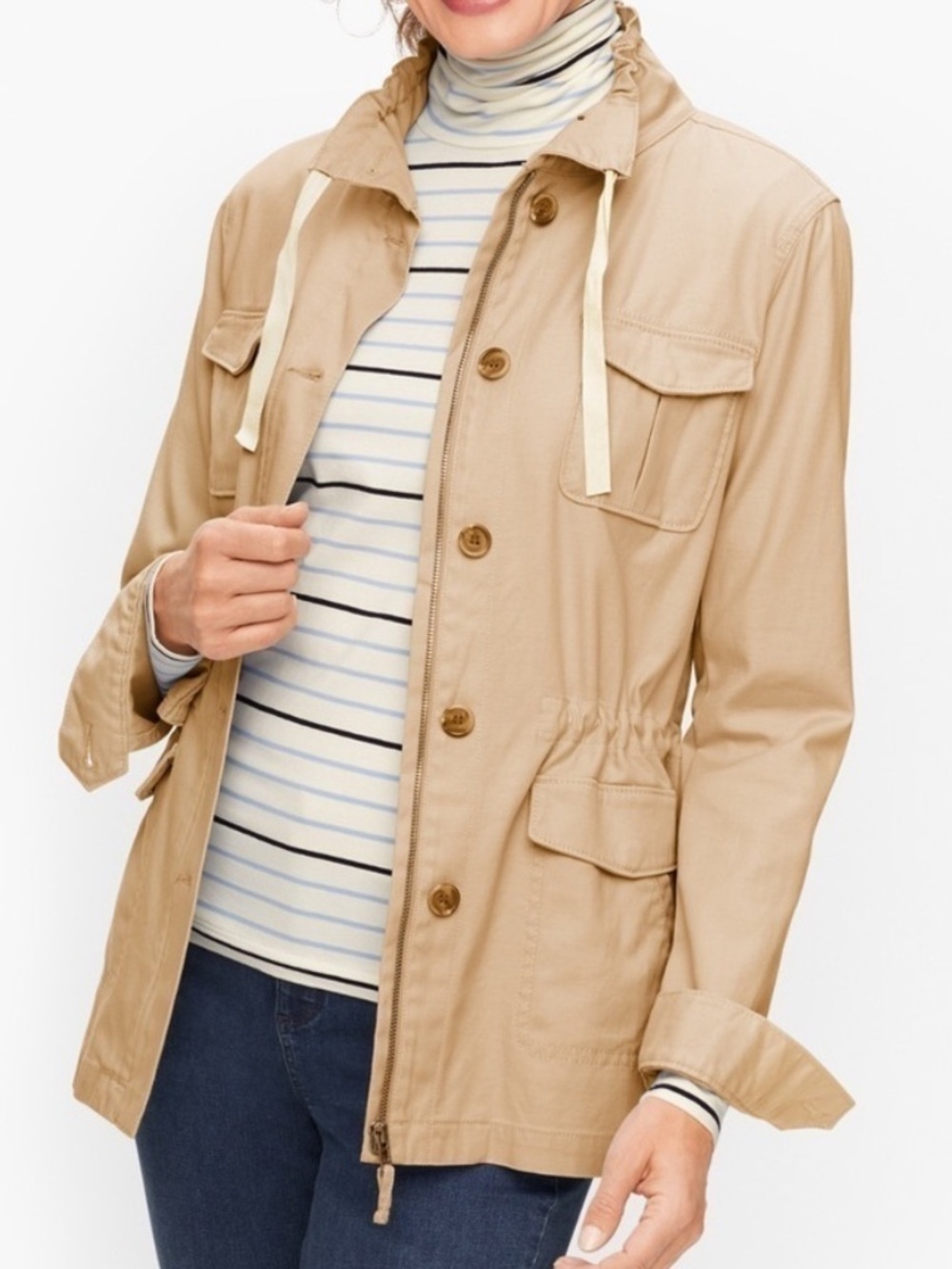 Talbots Twill Field Jacket Tan Utility Cinched Waist Size Medium Closet Staple